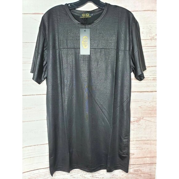 Rare Gold Leaf Design Med Black Leathery Feel Cotton/Spandex Short Sleeve Shirt - Picture 1 of 12